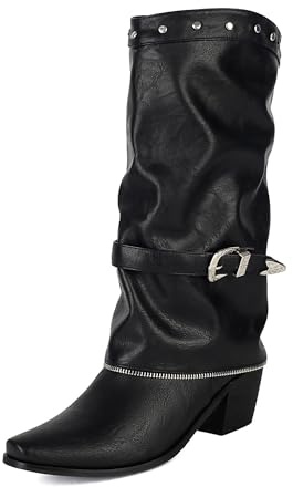 Bviennic Botas Altas Mujer Western Tacón Medio Moda Punta Quadrada Sin Cordones Cowboy 2584, Talla 35-48