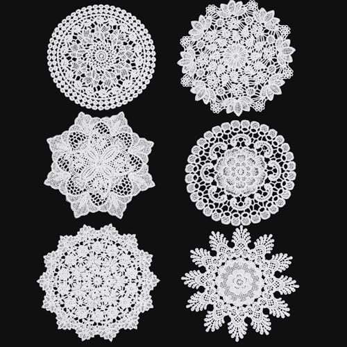 6PCS White Vintage Crochet Doilies, 6 to 7 Inch Vintage Crochet Doilies Round Lace Placemats Handmade Coasters, Rustic Table Decor for Kitchen Dining Wedding Party