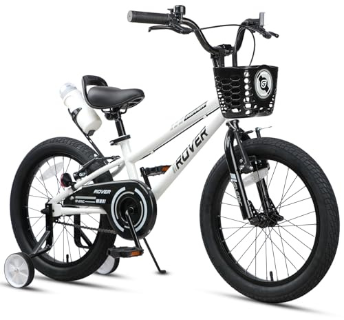 Glerc Rover 18-tums barncykel för pojkar flickor 5 6 7 8 år, cyklar med vattenflaska och rullar och korg, vit