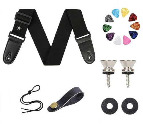 Kexayo Gitarrengurt für E-Gitarre & Akustikgitarre, Bass Gurt, Adjustable Guitar Strap, 5 cm Breit, Baumwolle mit PU-Lederenden, Universeller Gitarrengurt E-Gitarre, Bass（ Schwarz）