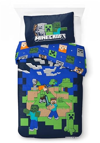 Minecraft Sängkläder Enkelsäng – Påslakan 140x200 cm + Örngott 50x70 cm, 100% bomull | Mjukt, färgstarkt och vändbart sängklädersset för barn | Minecraft-design (Jag står bakom dig)