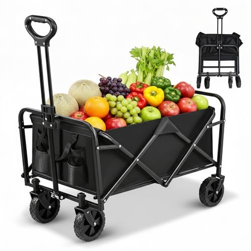 Chariot de Transport Pliable, 113L, Charge 120 kg Chariot de Plage Pliable, 4 Roues Tout Terrain Détachables, Poignée Télescopique, Pliage Compact pour Jardin, Courses, Plage, Pique-Nique, Extérieures