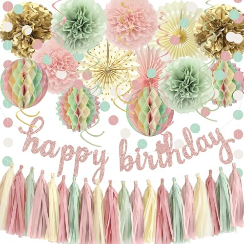 HOTGOSP Geburtstagsdeko, Geburtstag Party Deko Zubehör, Happy Birthday Girlande für Babyparty, Seidenpapier Pompoms, Papierfächer, Papierwabenball, Quaste Salbeigrün Rosa Party Dekoration