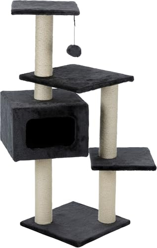TRIXIE Katzen-Kratzbaum Palamos, mehrstöckig – 109 cm, anthrazit | Robuste Sisal-Kratzflächen und weiche Polster – bietet Kratzspaß, Spiel und entspannten Rückzug für Katzen