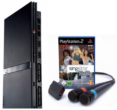 Playstation 2 - PS2 Konsole, black Slim + Singstar R&B inkl. Mikrofone