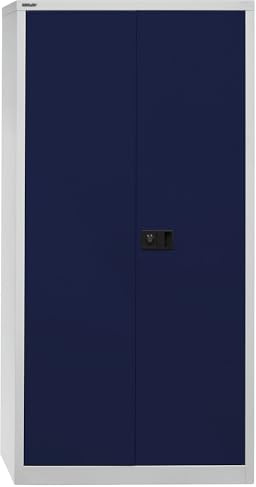 BISLEY Flügeltürenschrank Universal, 3 Fachböden, 4 OH, Metall, 505 Korpus Lichtgrau, Fronten Oxfordblau, 40 x 91.4 x 180.6 cm,Professionelle Lackierung,Montiert,Garage,Arbeitszimmer,abschließbar