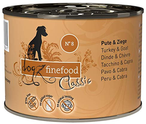 dogz finefood Hundefutter nass - N° 8 Pute & Ziege - Feinkost Nassfutter für Hunde & Welpen - getreidefrei & zuckerfrei - hoher Fleischanteil, 6 x 200 g Dose