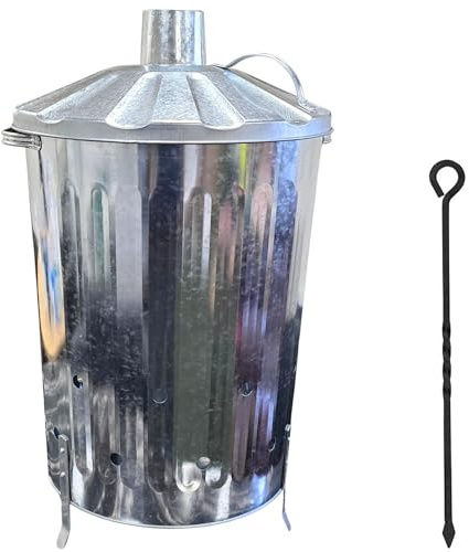 90L 90 Litre Galvanised Incinerator Fire Bin Ideal for Burning Documents / Leaves / Rubbish + FREE ASH POKER