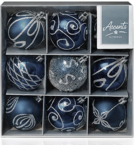 Set of 9 Midnight Blue Christmas tree baubles, Plastic, 6cm by Premier