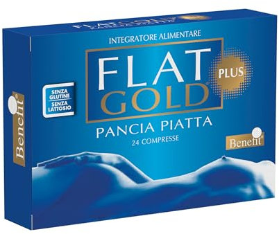 Benefit - FLAT GOLD PLUS, Integratore Alimentare Pancia Piatta, per Gonfiori Addominali, Favorisce la Digestione, il Transito e l'eliminazione Gas Intestinali, Fabbricato in Italia, 24 Compresse