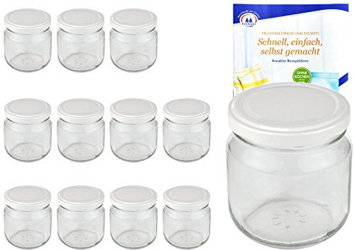 MamboCat 12er Set Rundgläser 212 ml nieder Deckelfarbe weiß to 66 inkl. Diamant Gelierzauber Rezeptheft, Marmeladengläser, Einmachgläser, Einweckgläser, Gläser