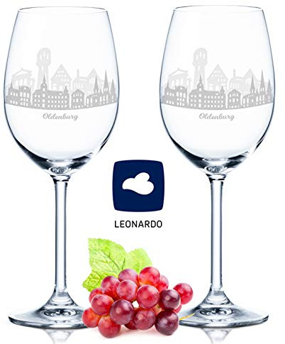 GRAVURZEILE Leonardo Skyline Oldenburg - Juego de copas de vino con grabado láser de 360° de alta calidad, bonito regalo como recuerdo, recuerdo o para coleccionistas y amantes del vino para