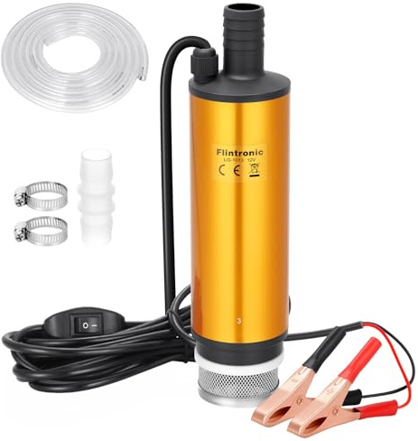 flintronic DC 12V 51mm Dieselpumpe Wasserpumpe mit 5M PVC Schlauch Transparenter, Öl Diesel Wasser Tauchpumpe Transfer für Auto, KFZ, Boot - Golden