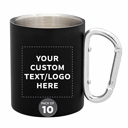 Custom Stainless Steel Mugs with Carabiner Handle 10 oz. Set of 10, Personalized Bulk Pack - Perfect for Coffee, Soda, Other Hot & Cold Beverages - Black
