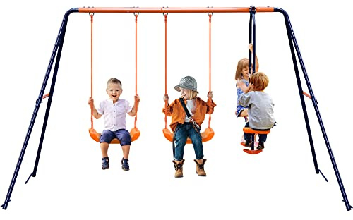 Smartxchoices Metal Swing Set with 2 Belt Swings, 1 Seesaw Play Set, Heavy Duty Metal A-Frame Garden Double Swing Slider Set for Children Kids, Garden, Playground, Backyard, Outdoor, 440lbs