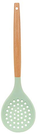 Silicone Skimmer Spoon, Non-Stick Silicone Slotted Skimmer Spoon, with Heat-Resisting Comfortable Wooden Handle, Durable Draining Spoon for Kitchen Cooking, Vegetables, Meat, 12.6 Inch(1pc, Green)