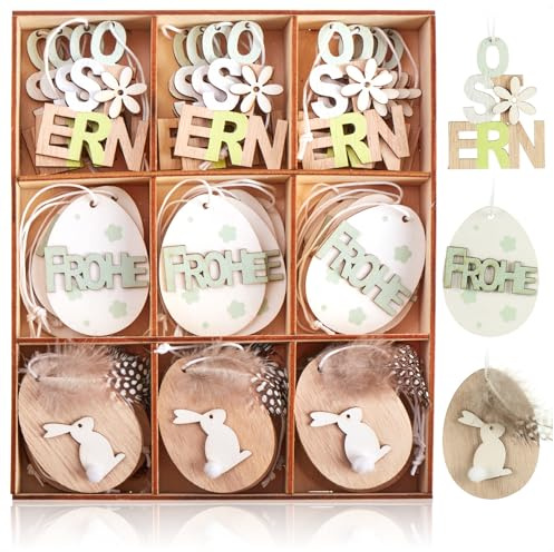 com-four® 36x Dekoanhänger für Ostern, Holzaufhänger für den Osterstrauch | Osterschmuck aus Holz zum Aufhängen - Frühlingsdekoration - Ei - Hase - Schriftzug