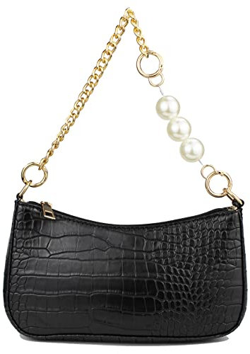 Right 20 Damen Handtasche mit Perlenkette Klein Schultertasche Weiß Damen PU Leder Umhängetasche Frau Vintage Shoulder Mini Handtasche Clutch Geldbörse Messenger Bag