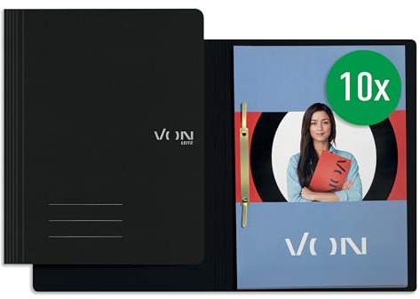 VON Leitz 10er Pack Schnellhefter A4, 100 % Recycling-Karton, Für 250 Blatt, Mit Heftmechanik, Leichter Softcover-Ordner mit modernem VON Leitz-Aufdruck, Schwarz, 30160095