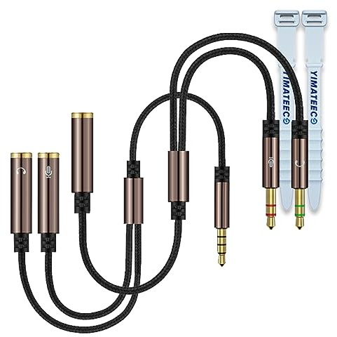 YIMATEECO Headphone Mic Splitter 2 Way Double Headphone Jack Headset Audio Adapter Y Earphone Extension Cable for PC, Earphone, Speaker, MP3 Player (1Set, 2pcs, Brown)
