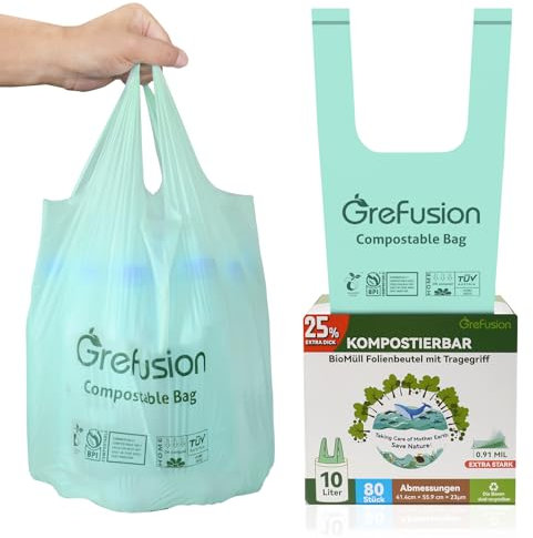 GreFusion 10l extra spessi shopper biodegradabili sacchetti umido shopper plastica 80 sacchetti biologici con pratica maniglia per il trasporto