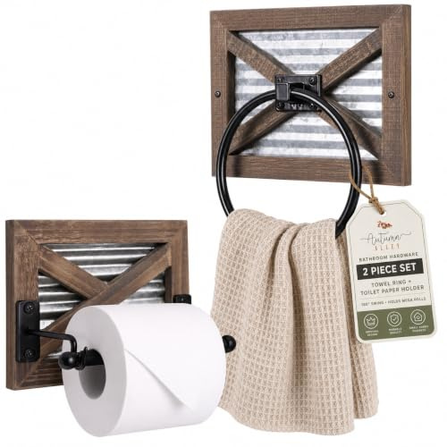 Autumn Alley Farmhouse Toilettenpapierhalter und Handtuchring-Set, Wandhalterung, rustikaler Wand-Toilettenpapierhalter und Badezimmer-Handtuchhalter, Dekoration, Holz, Braun