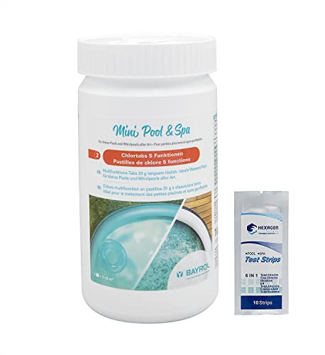 BAYROL Mini Pool & Spa CHLORE 5 FONCTIONS Pastilles 20g - 1kg | Chlore Lent Stabilisé Multiaction - Désinfection Régulière Multifonction - Petite Piscine, Hors-Sol, Spa Gonflable + 10 Tests HPS OFFERT