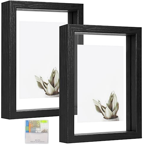 MUYE 5x7 Floating Frames Set of 2,Double Glass Picture Frame Display Any Size Photo up to 5x7,Wall Mount or Tabletop Standing,Black