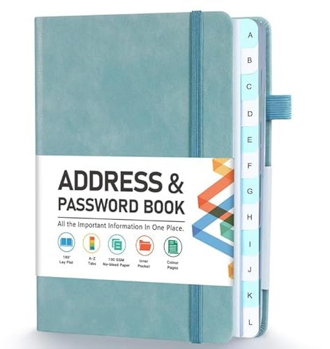 Address Book, Address and Password Keeper Book with Alphabetical Tabs, Hardcover Telephone Book Address Organizer Record with Pocket, Colored Pages, 5.3 x 7.7, Blue