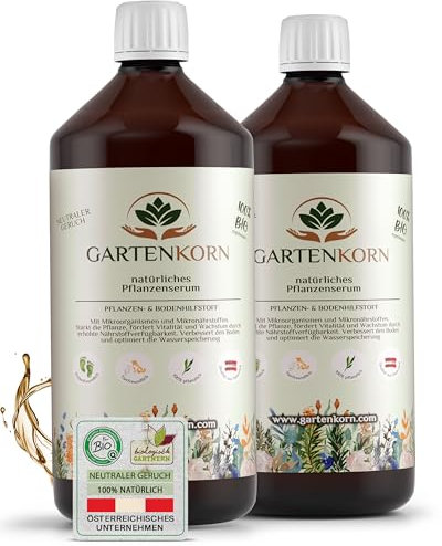 Gartenkorn Pflanzenserum Booster für Zimmerpflanzen, Obst & Gemüse (2L) - organischer Pflanzendünger flüssig für Gartenpflanzen, Gemüsebeet, Hochbeet, Kräuter, Obstbäume - Blumendünger & Gemüsedünger