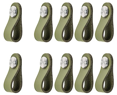 ZAKHSE Möbelgriffe Ledergriffe für Möbel,10 Stück Leder Schrankgriffe Einzelloch Lederschlaufe,60×26mm,304 Edelstahl Schubladengriffe Türgriffe Schrankknauf Antikollisions Schränke Griff-Matcha Grün