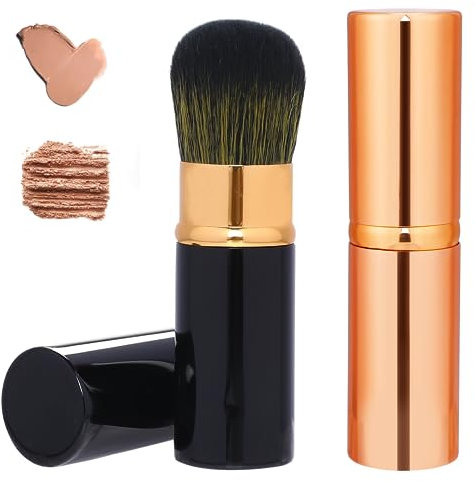 Retractable Blusher Brush with Cover, 2 Pack Travel Kabuki Bronzer Makeup Brush Liquid Cream Foundation Powder Brush Extensible Face Blender Brush Professional Concealer Brush for Women (Gold & Black)