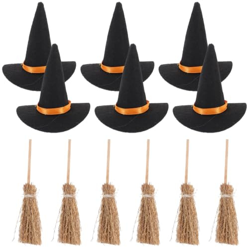 CAXUSD 7 Satz Halloween Filz Hexenhut Set Kleine Hüte Für Kuchendekor Kleiner Hexenhutbesen Kleiner Hut Hexenbesen Kleine Hexenhüte Hexenhut- Puppenhaushüte Hexen Hut Mini Hölzern