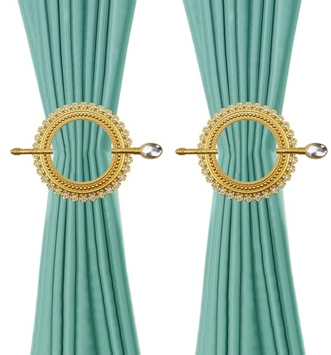 Mewutal 2 Pack Gold Curtain Holdbacks Plastic Curtain Tiebacks Diamond Drapery Holdbacks Drapery Tiebacks Classical Curtain Panel Holdback with Rod, for Window Decoration (33 Crystals Round Gold)
