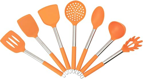 7PCS Cooking Utensil Set, Stainless Steel Handles, Silicone Non-Toxic BPA-Free, Kitchen Spatulas, Kitchen Tools Gift Set for Nonstick Cookware Food-Grade Heads - Silicone Gadgets (Orange)