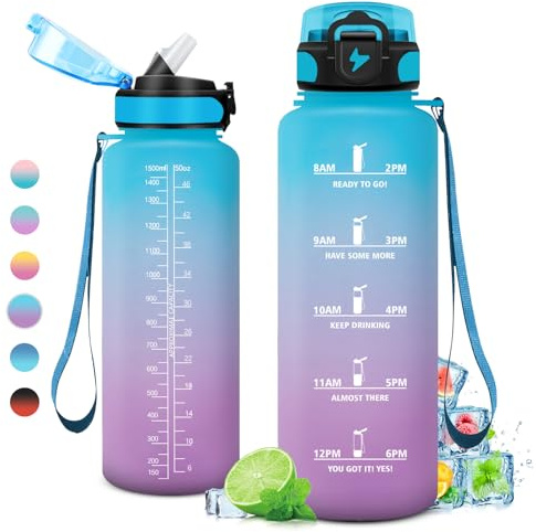 KollyKolla Gourde 1.5L Sport, Grande Gourde Gym, Étanche et Réutilisable, Bouteille d'eau avec Marqueur de Temps et Paille, Gourdes sans BPA pour Adulte, l'école, Voyage, Camping, Randonnée