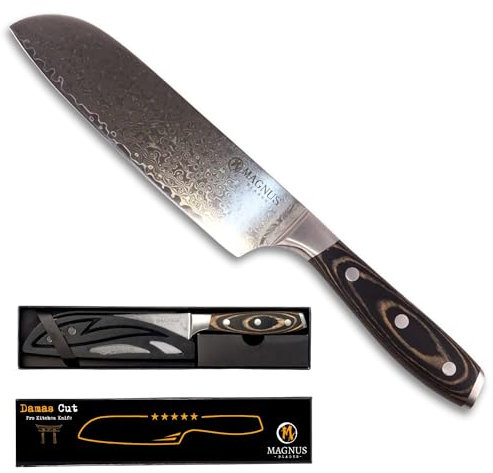 DAMAS CUT - Couteau de Chef Santoku - Véritable Lame Damas 18 cm Ultra Tranchante - Manche bois recyclé - Soie Pleine - Très Confortable - Polyvalent - Avec Etui De Protection - Cadeau Noel Utile