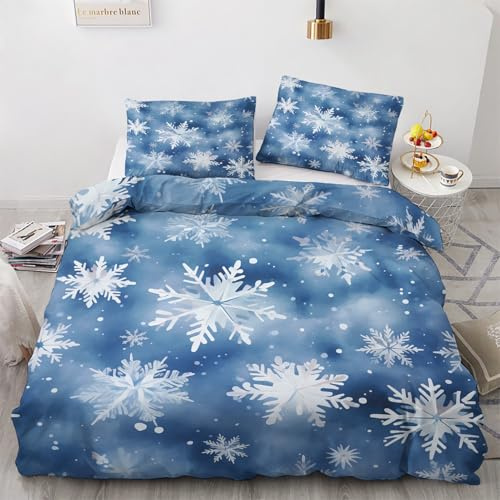 Bettwäsche 200x220 Schneeflocke Motiv - Weihnachten Blau Weiß Bettbezug und 2 Kissenbezug 80x80, Weiche Bügelfreie Mikrofaser Deckenbezug 3teilig Set mit Reißverschluss, Wendebettwäsche & Deko M&-1962