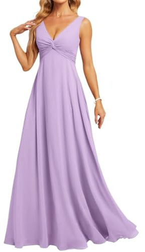 Damen Chiffon Brautjungfernkleider für Hochzeit, A-Linie, lang, formell, Abendkleid, Partykleid, rückenfrei, Übergröße, Flieder, 44