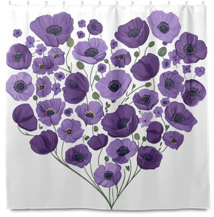 miaozhen Tenda da doccia impermeabile lunga 182 x 183 cm con gancio viola cuore giorno papaveri viola poliestere resistente lavabile tenda da doccia per bagno lungo argollas para cortinas de ba?o