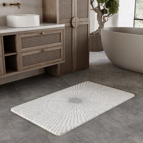 Wecon Home Jasbeer getufteter Badteppich, 70 x 120 cm, weiß grau | moderner Badezimmerteppich mit rutschhemmender Rückseite & waschbarem Komfort