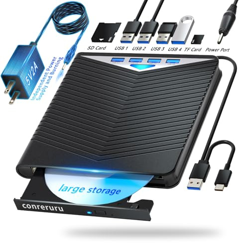 conreruru Support for Blu-ray External Drive, Support for Blu-ray DVD/CD Player/Read/Write, USB 3.0 &/Type-C, Support for Blu-ray/DVD/CD, BD Drive, Windows 7-11 & Mac, PC-Compatible, M-DISC(Black)