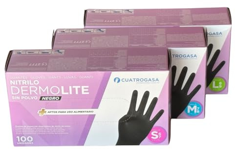 Cuatrogasa Guantes de Nitrilo Sin Polvo Dermolite Negro - 100 Unidades | Ambidiestros- Antideslizantes-Alta Protección | Apto para Alimentación-Industria y Sanidad (XL)