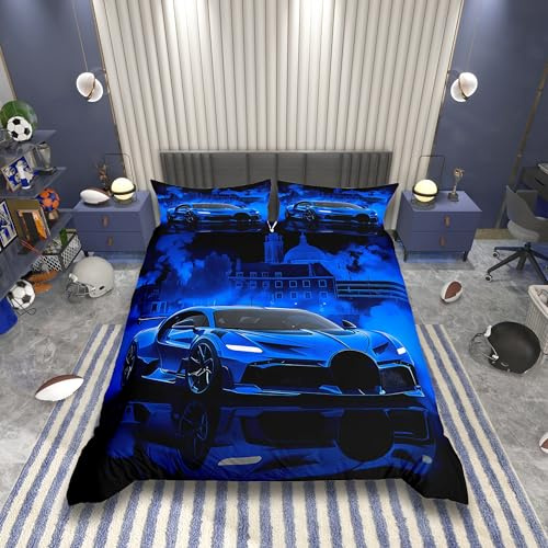 Homemissing Kinder Rennwagen Bettwäsche Set 135x200cm Extreme Sport Spiel Car Bettbezug Auto für Jungen Mädchen Schlafzimmer Dekor Modernes Blau Betten mit Reißverschluss