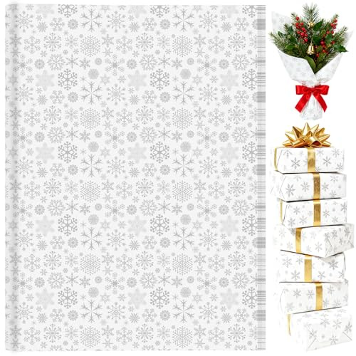 60 Blatt Weihnachts-Seidenpapier mit Schneeflockenmotiv für Geschenktüten, PLULON Silbernes Weihnachtsgeschenkpapier, Großpackung, Blumenverpackung, Kunsthandwerk, Winterurlaub