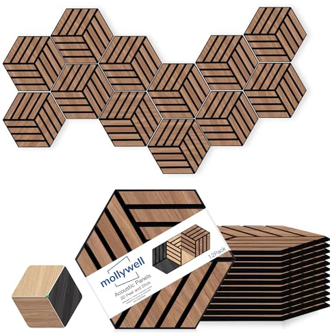 Mollywell Hexagon Acoustic Wall Panels, 35x30 cm, Wood Veneer, Sound Proofing Wall Decor, Self Adhesive Sound Dampening Felt Wall Tiles for Home, Studio, Office & Focus Zone, Walnut, TH4