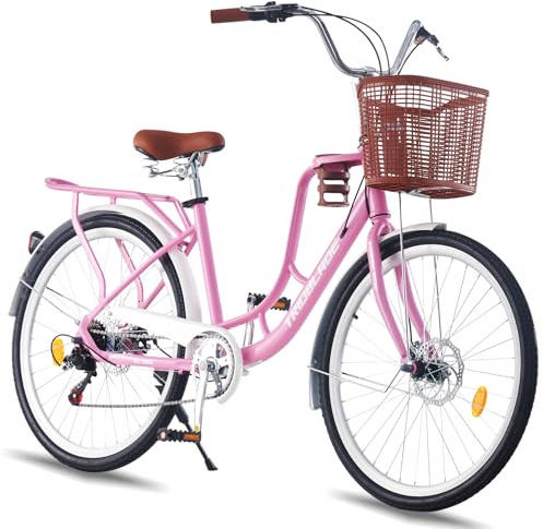 LSBIKE 24/26in Ladies Bike with Basket 7 Speed City Bicycle Women Girls Comfort Bike Lightweight Frame Hybrid Disc Brakes with Cupholder Steel Rear Rack Adjustable Handbar and Seat