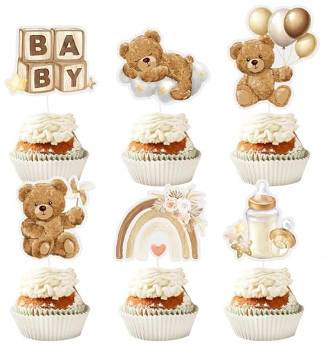 InfiniZer 30 Pcs Baby Shower Bear Cupcake Toppers For Kids Girls Boys Baby Shower Decorations Gender Reveal Birthday Party Cake Decorations Supplies (Brown)