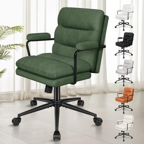 ELFORDSON Mid-back Office Chair with Armrests, Dual-padded Comfy Computer Desk Chairs, Ergonomic Executive PC Work Chair, Tilt, Adjustable Height, Swivel, Heavy-duty Gaming Chair, Chenille, Green