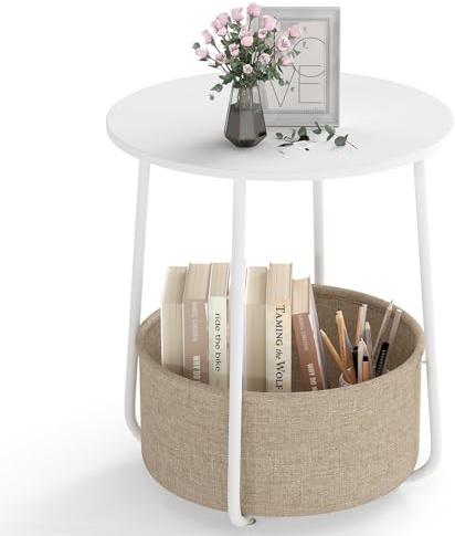 LIFEZEAL Runder Beistelltisch, Moderner Wohnzimmertisch mit abnehmbarem Aufbewahrungskorb aus Stoff, Nachttisch Kleiner Tisch für Wohnzimmer, Schlafzimmer, Büro (Weiß + Beige)